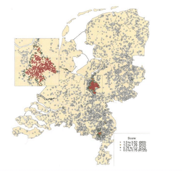 Distribution of poultry farms in the Netherlands (grey circles) and those infected with avian influenza (orange circles) in 2003.